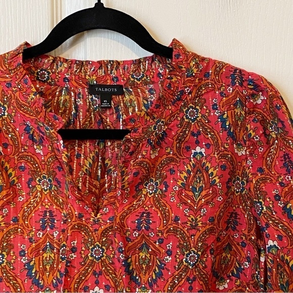 Talbots Ruffle Neck Floral Lattice Bright Berry Popover Blouse XSmall - Picture 4 of 10